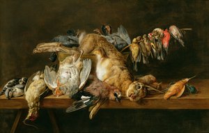 Stilleben med döda fåglar och en hare på ett bord, 1647